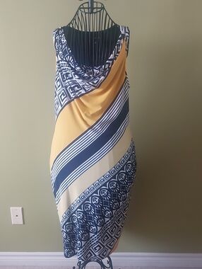 Sleeveless Navy and Yellow Geometric Midi Dress
